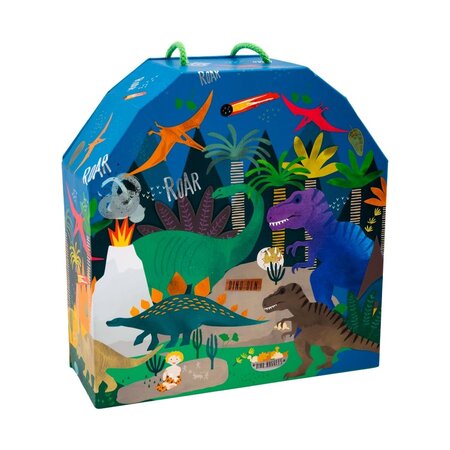 Cutie portabila cu figurine din lemn, Playbox Dino, 3 ani+, Floss & Rock 649049