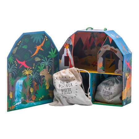 Cutie portabila cu figurine din lemn, Playbox Dino, 3 ani+, Floss & Rock 649047
