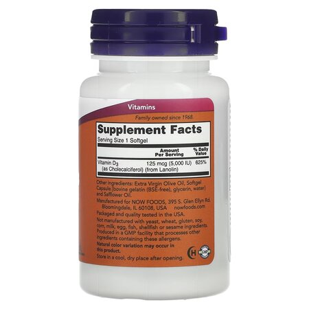 Vitamina D3, 5000 UI, 120 capsule, Now Foods 662241