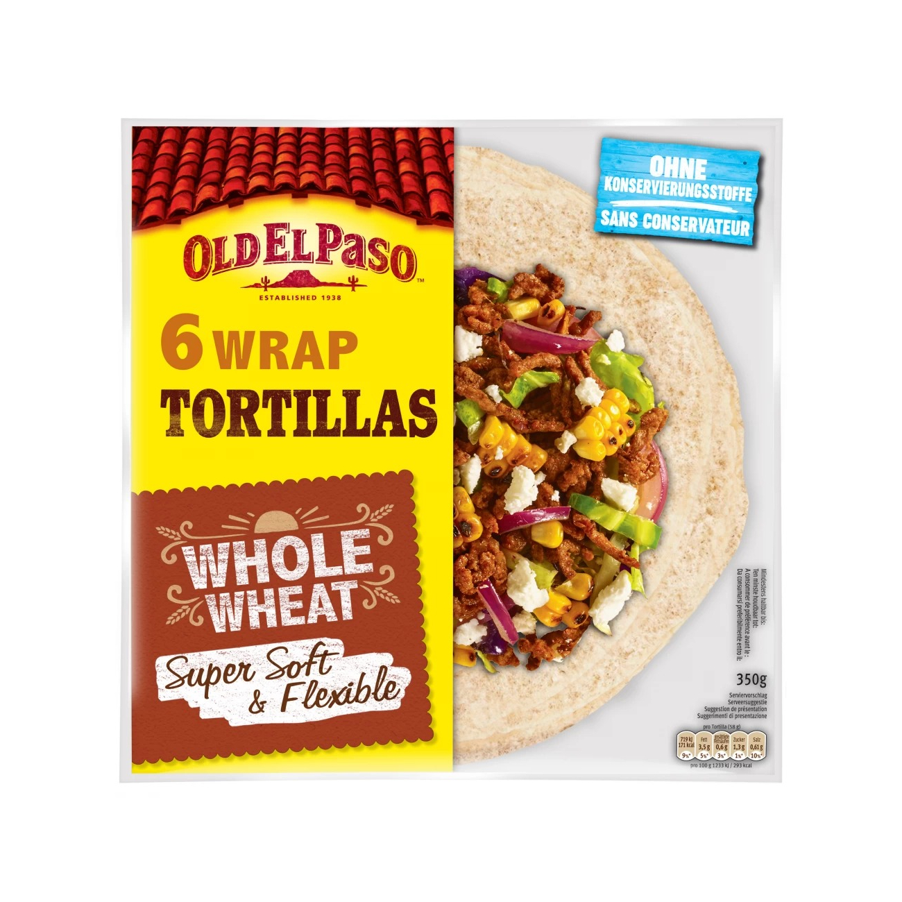 Tortillas faina integrala, 6 bucati, 350 g, Old El Paso