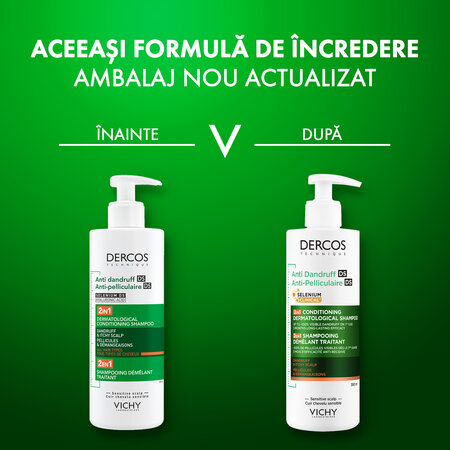 Sampon si balsam 2 in 1, antimatreata si pentru scalp cu senzatie de mancarime Dercos, 390 ml, Vichy 812912