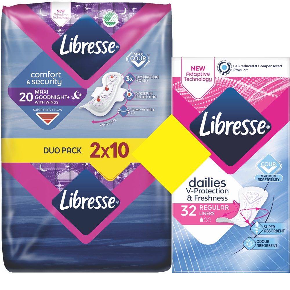 Pachet absorbante  Maxi Good Night 20 buc + Zilnice Normal 32 buc, Libresse