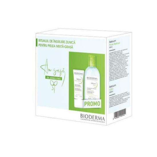 Pachet Concentrat corector pentru pori dilatati Sebium Pore Refiner, 30 ml + Solutie micelara pentru ten mixt si gras Sebium H2O, 250 ml, Bioderma