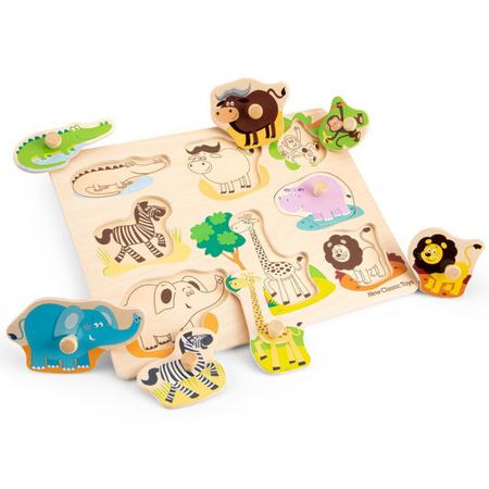 Puzzle din lemn pentru copii Safari, 2 ani+, 9 piese, New Classic Toys 651016