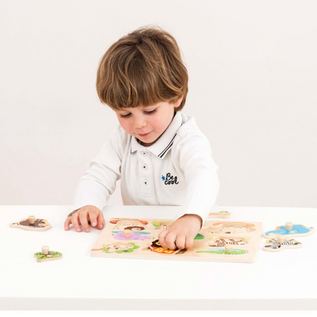 Puzzle din lemn pentru copii Safari, 2 ani+, 9 piese, New Classic Toys 651020