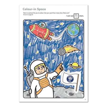 Carte de colorat cu activitati in limba engleza si abtibilduri in spatiu Outer Space, +3 ani, Orchard 659843