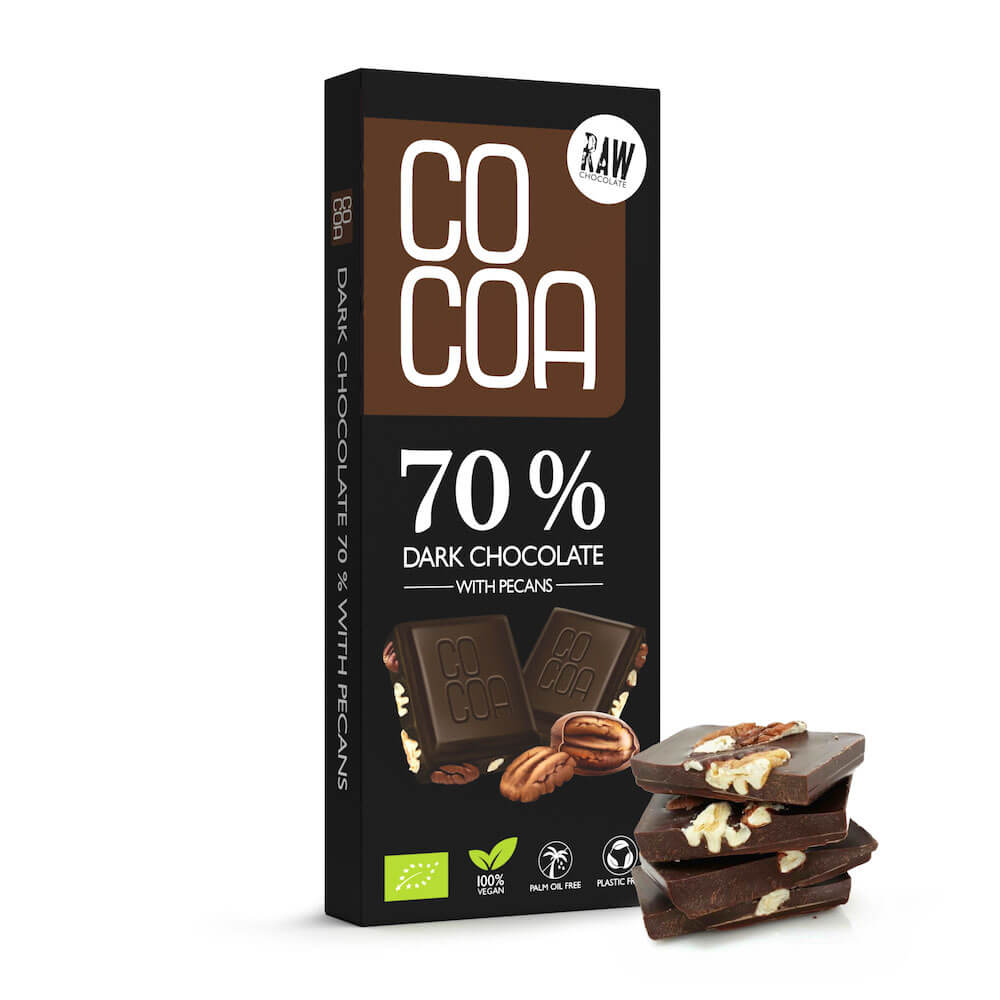 Ciocolata Bio Raw-Vegan, 70% Cacao si nuci pecan, 40 g, Cocoa