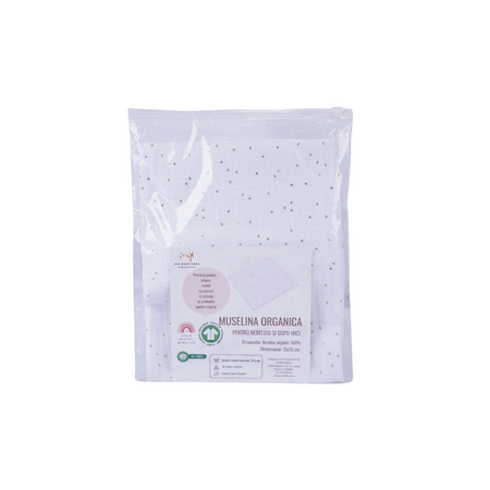 Muselina din bumbac organic cu bulinute Aurii, 75x75 cm, Alb, Fic Baby 764053