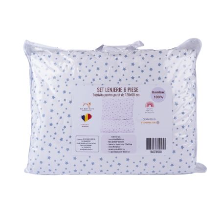 Set lenjerie cu 6 piese pentru patut, 120x60 cm, Stelute Bleu, Fic Baby 763845