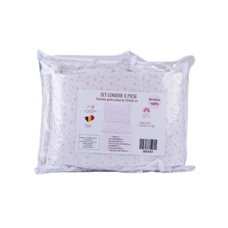 Set lenjerie cu 6 piese pentru patut, 120x60 cm, Stelute Roz, Fic Baby 763888