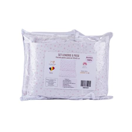 Set lenjerie cu 6 piese pentru patut, 120x60 cm, Stelute Roz, Fic Baby 763888
