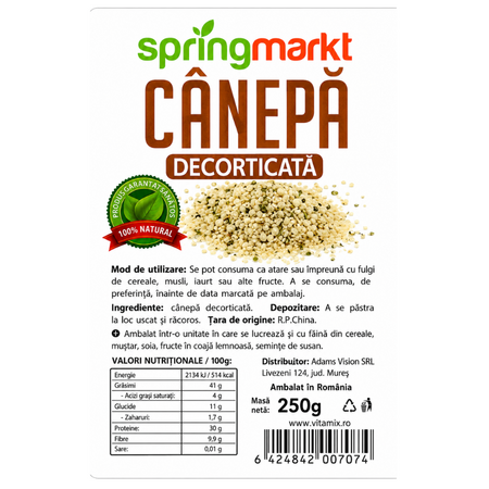 Seminte de canepa decorticata, 250 g, Spring Markt 794112