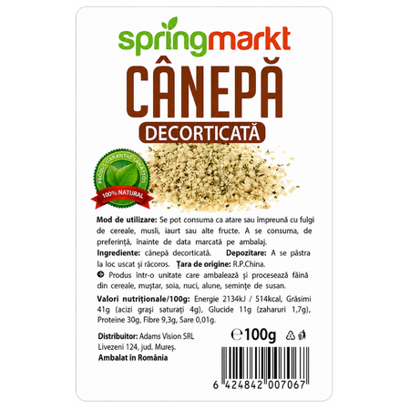 Seminte de canepa decorticata, 100 g, Spring Markt 794111
