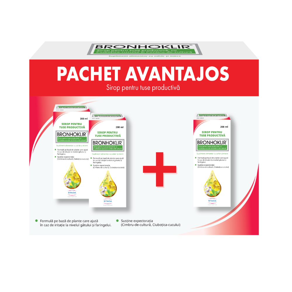 Pachet Bronhoklir tuse productiva sirop, 2+1 bucati, 3x200 ml, Stada