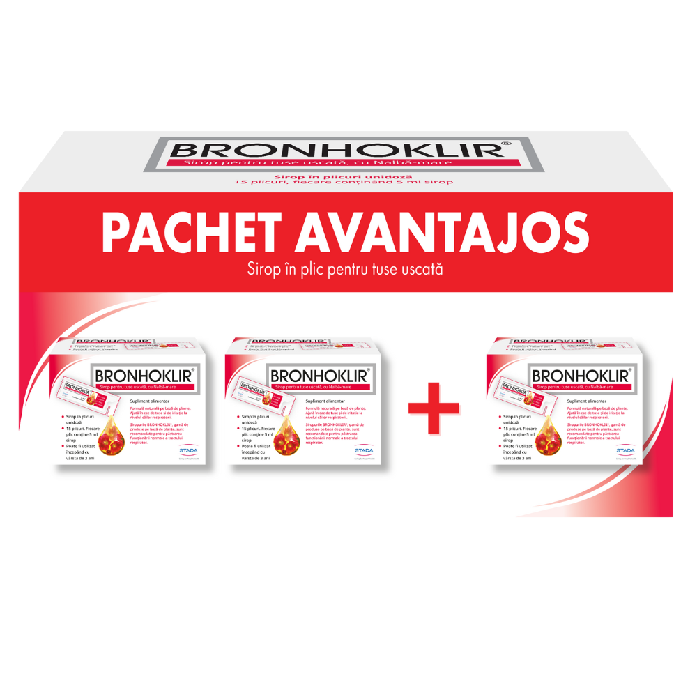 Pachet Bronhoklir sirop tuse uscata, 2+1 bucati, 15x5 ml, Stada