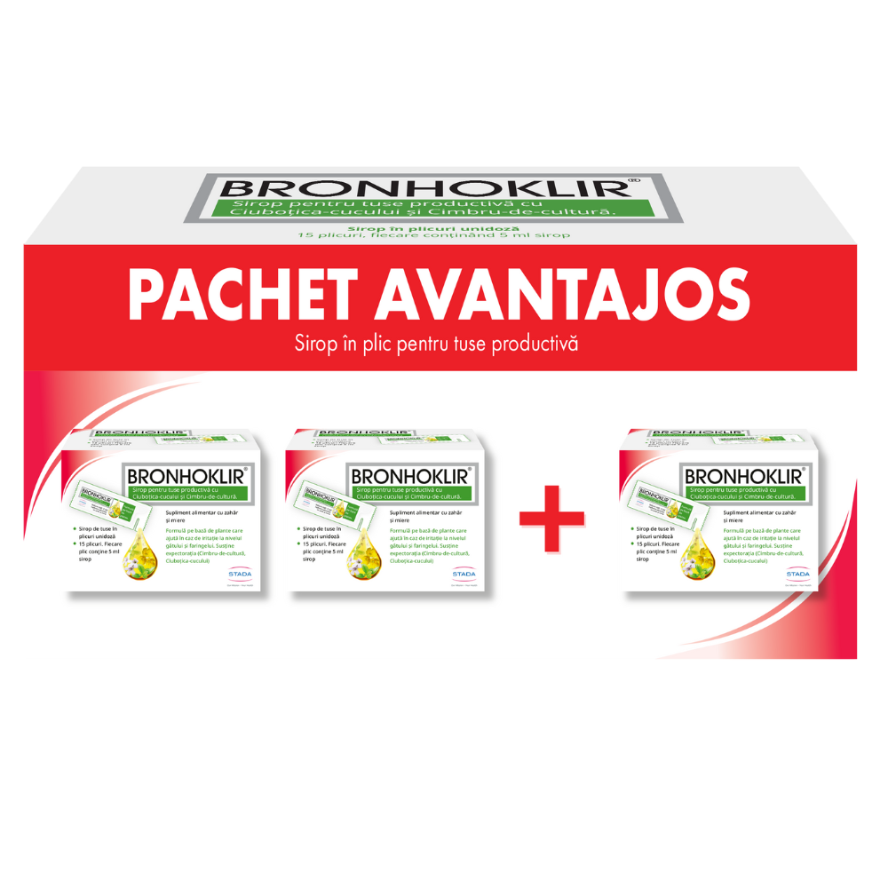 Pachet Bronhoklir sirop tuse productiva, 2+1 bucati, 15x5 ml, Stada