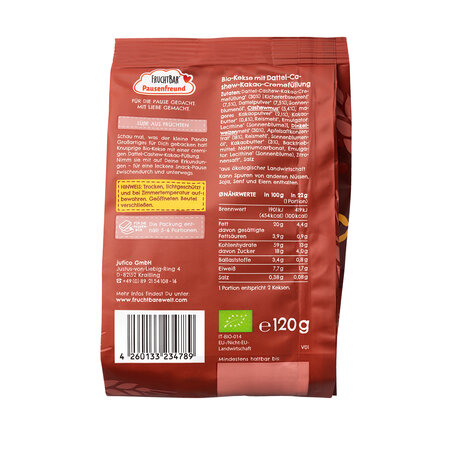 Biscuiti Bio cu crema caju cacao si curmale, +3 ani, 120 g, Frucht Bar 654838