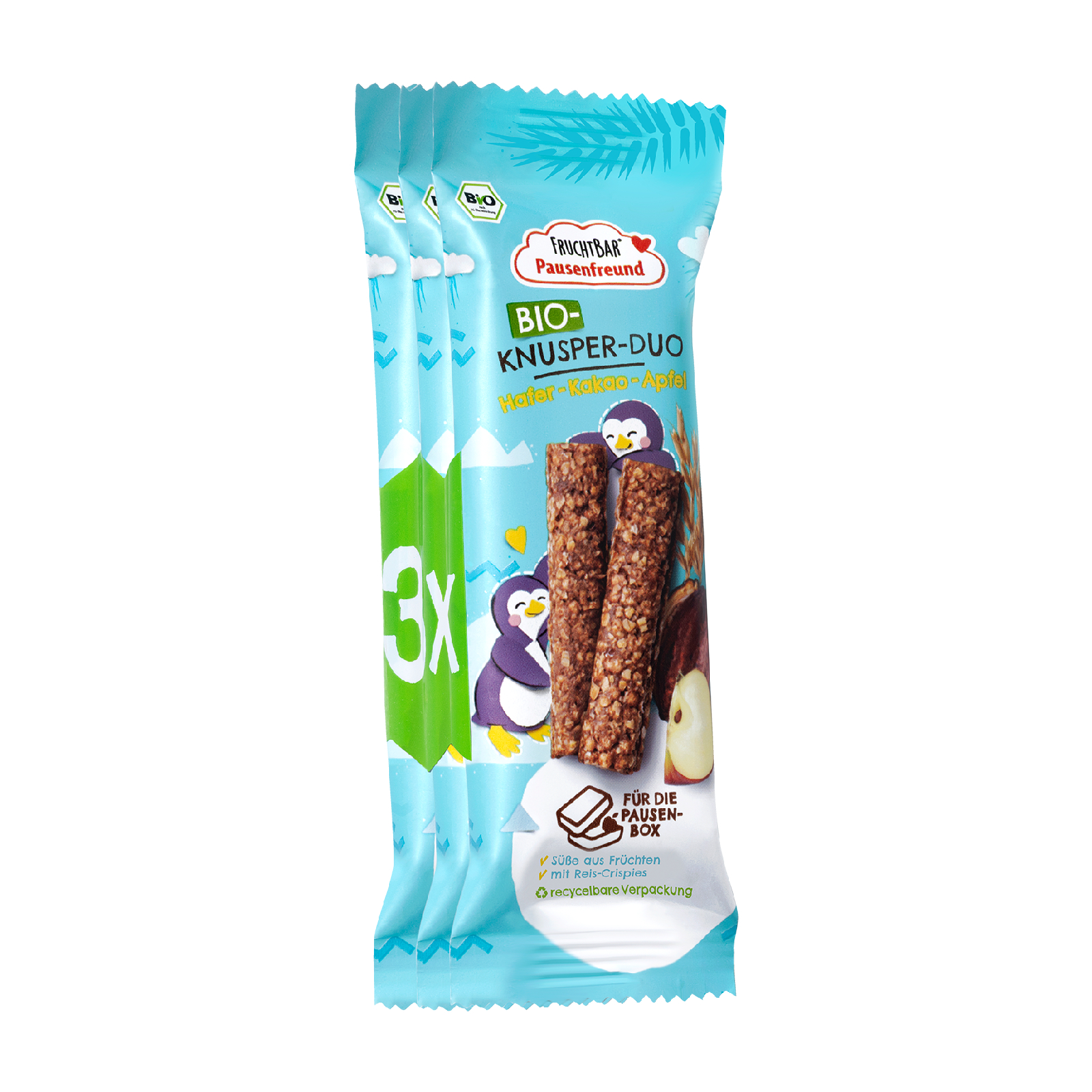 Batoane Bio din ovaz crunchy duo cu mar si cacao, +3 ani, 3x23 g, Frucht Bar