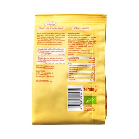 Biscuiti din ovaz Bio cu capsuni si banane, +8 luni, 100 g, Frucht Bar 654890