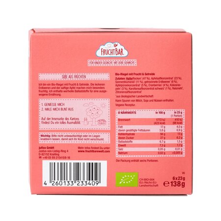 Gustare Bio din ovaz, capsuni si mere, 12 luni+, 6x23 g, Frucht Bar 655318
