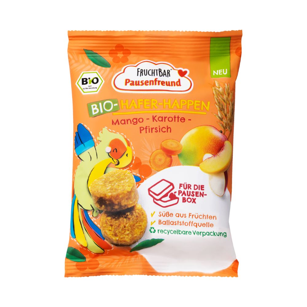 Gustare Bio din ovaz cu mango, morcov si piersici, +3 ani, 80 g, Frucht Bar