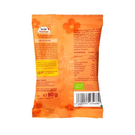 Gustare Bio din ovaz cu mango, morcov si piersici, +3 ani, 80 g, Frucht Bar 655329