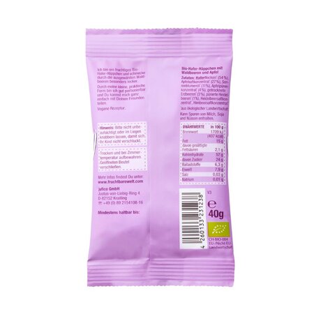 Gustare Bio din ovaz, fructe de padure si mere, +12 luni, 40 g, Frucht Bar 655346