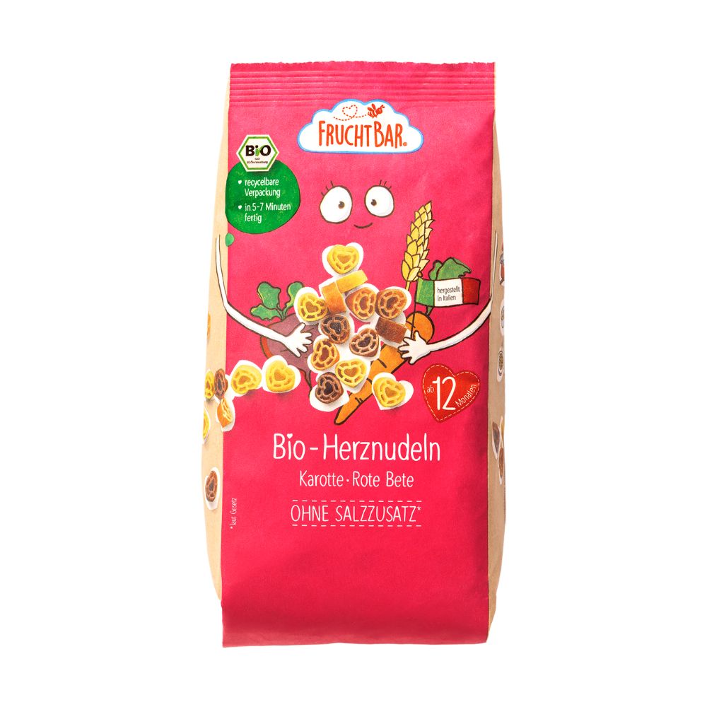 Paste Bio inimioare cu morcov si sfecla rosie, +12 luni, 300 g, Frucht Bar