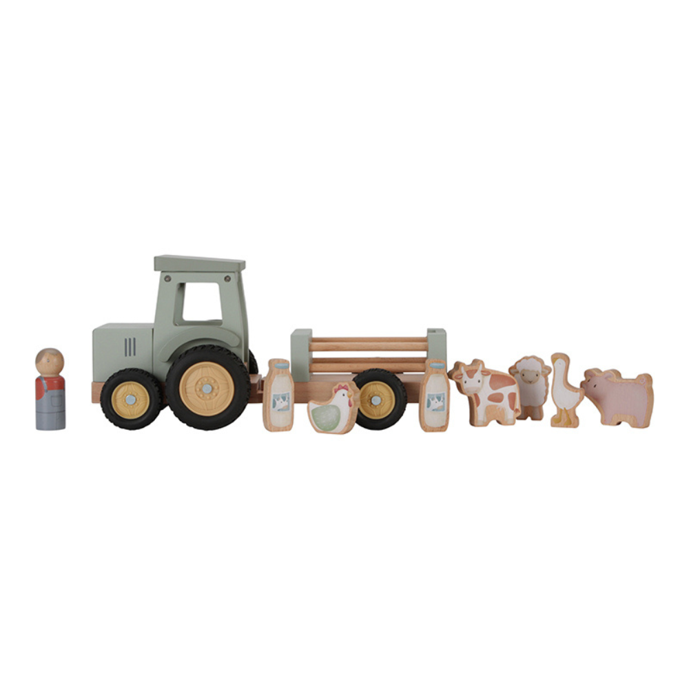 Tractor cu remorca din lemn, +18 luni, Little Farm, Little Dutch