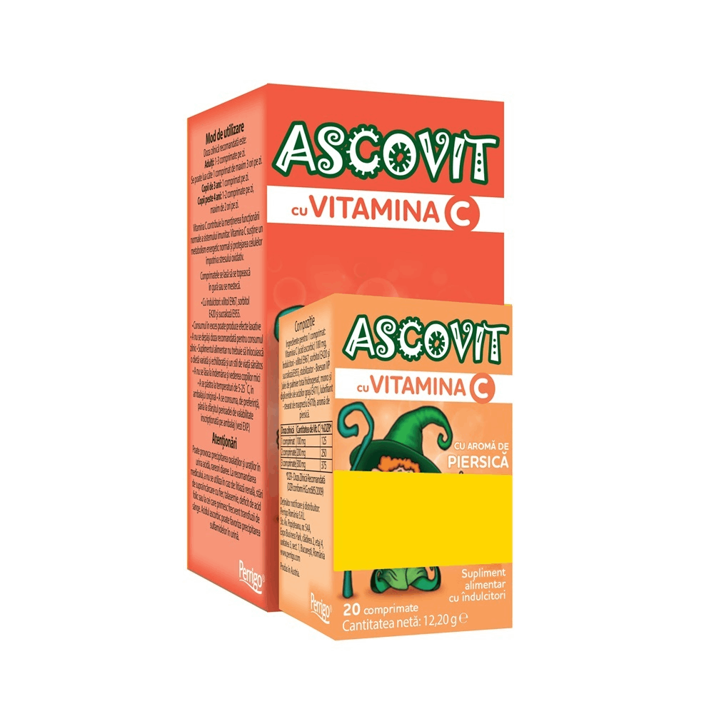 Pachet Ascovit cu vitamina C cu aroma de capsuni 100mg,  60 comprimate + Ascotiv piersica 100 mg, 20 comprimate, Ascovit