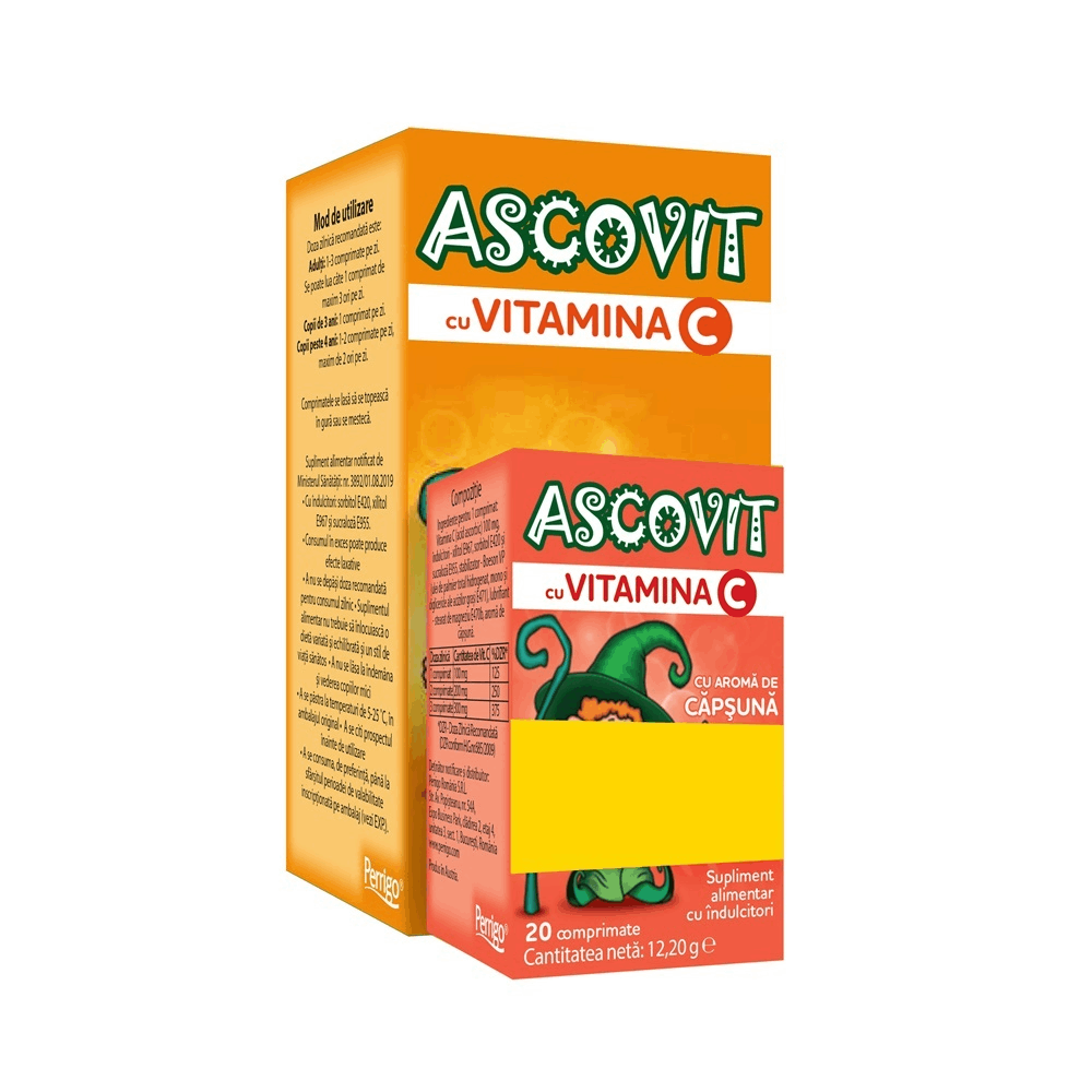 Pachet Ascovit cu vitamina C si aroma de portocala + Ascovit cu Vitamina C si aroma de capsuni, 60+20 comprimate, Ascovit