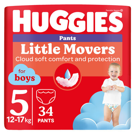 Scutece Pants Little Movers, Boy, Nr. 5, 12-17 kg, 34 bucati, Huggies 801348