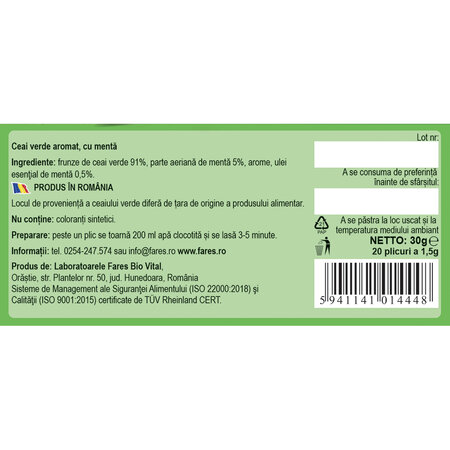 Ceai verde cu menta, 20 plicuri, Fares 722656