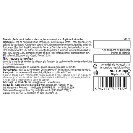 Ceai silueta perfecta 2 controlul greutatii, 20 plicuri, Fares 720937