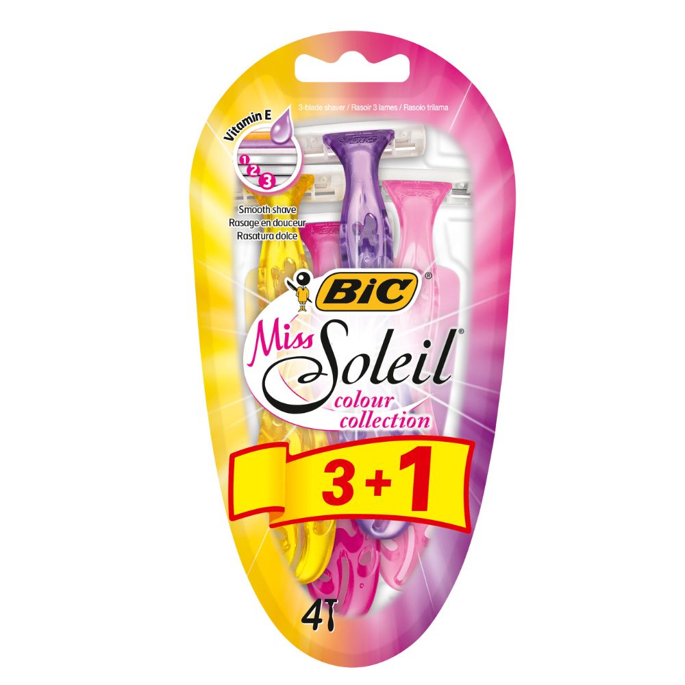 Aparat de ras pentru femei, cu 3 lame Miss Soleil Collor Colletion, 3+1 buc, BIC