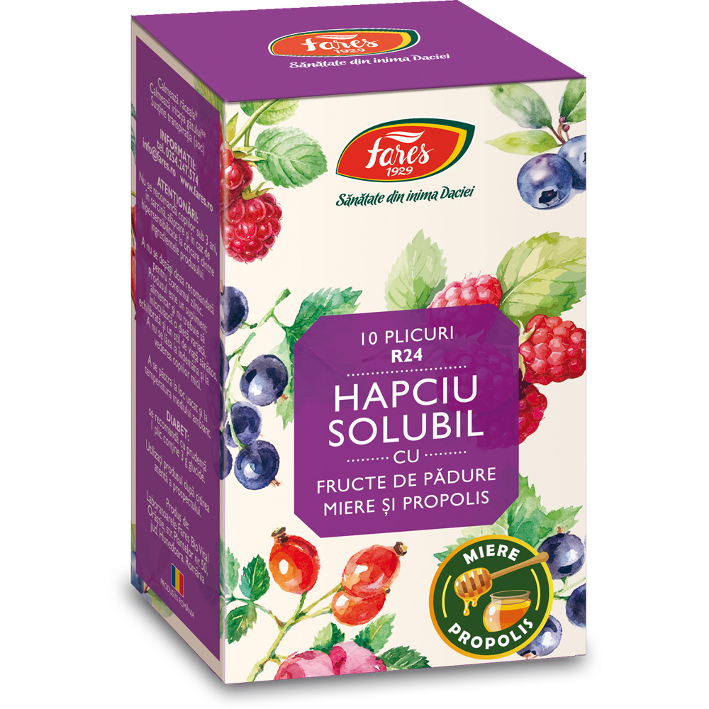 Hapciu solubil cu fructe de padure, miere si propolis, 10 plicuri, Fares