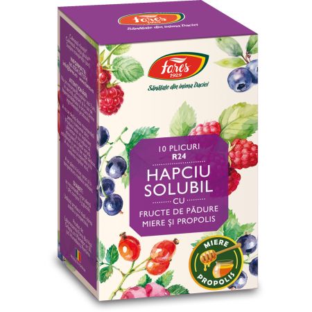 Hapciu solubil cu fructe de padure, miere si propolis, 10 plicuri, Fares