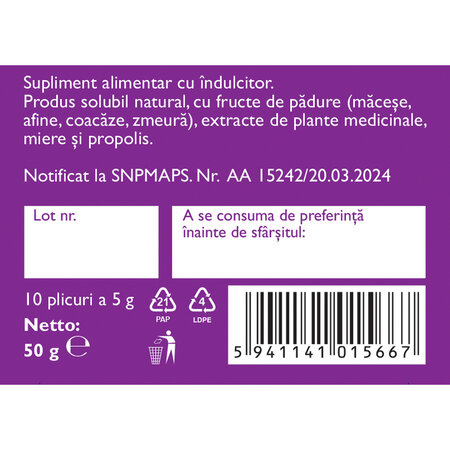 Hapciu solubil cu fructe de padure, miere si propolis, 10 plicuri, Fares 723116