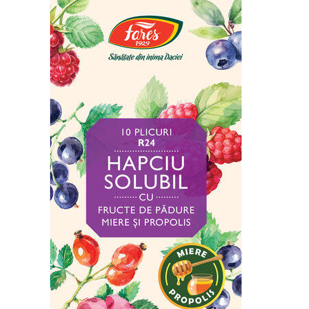 Hapciu solubil cu fructe de padure, miere si propolis, 10 plicuri, Fares 723117