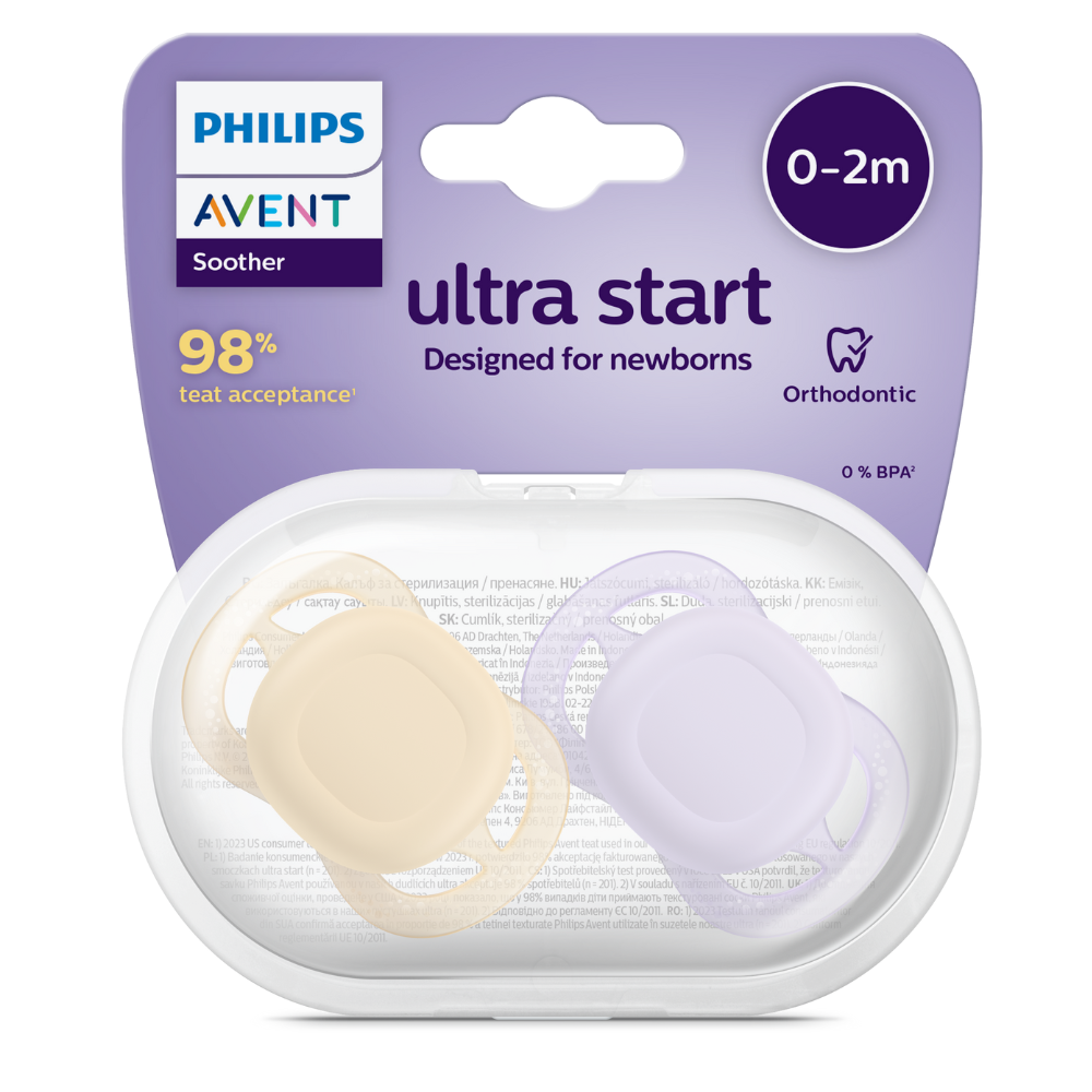 Suzete Ultra Start Philips Avent, 0-2 luni, 2 bucati, Mov/Portocaliu, SCF075/01, Philips