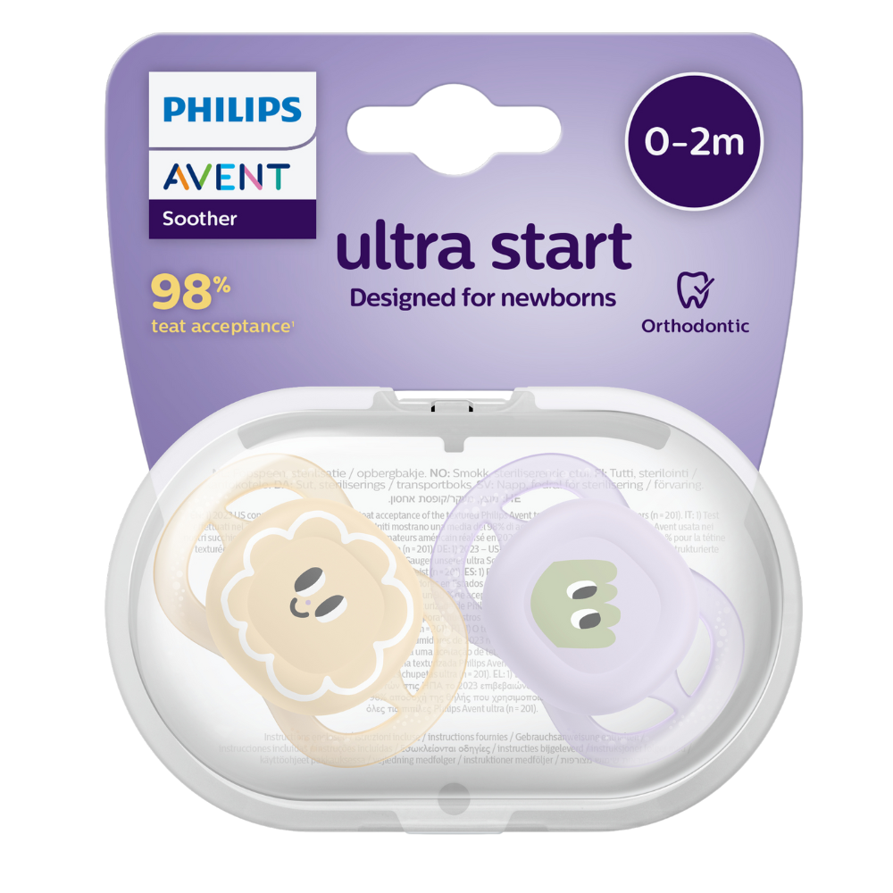 Suzete Ultra Start Philips Avent, 0-2 luni, 2 bucati, Mov/Portocaliu, Eyes, SCF075/03, Philips