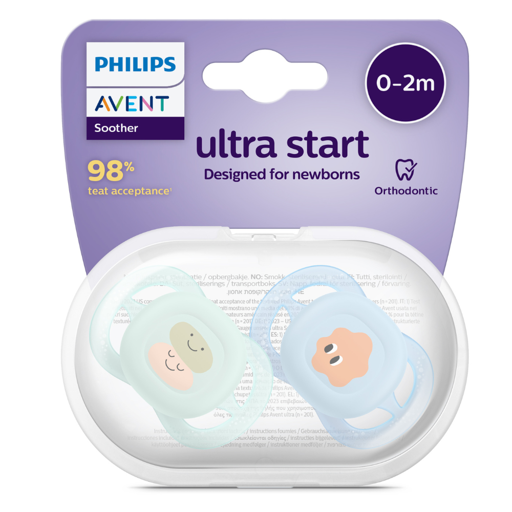 Suzete Ultra Start Philips Avent, 0-2 luni, 2 bucati, Albastru/Verde, Smile, SCF075/04, Philips