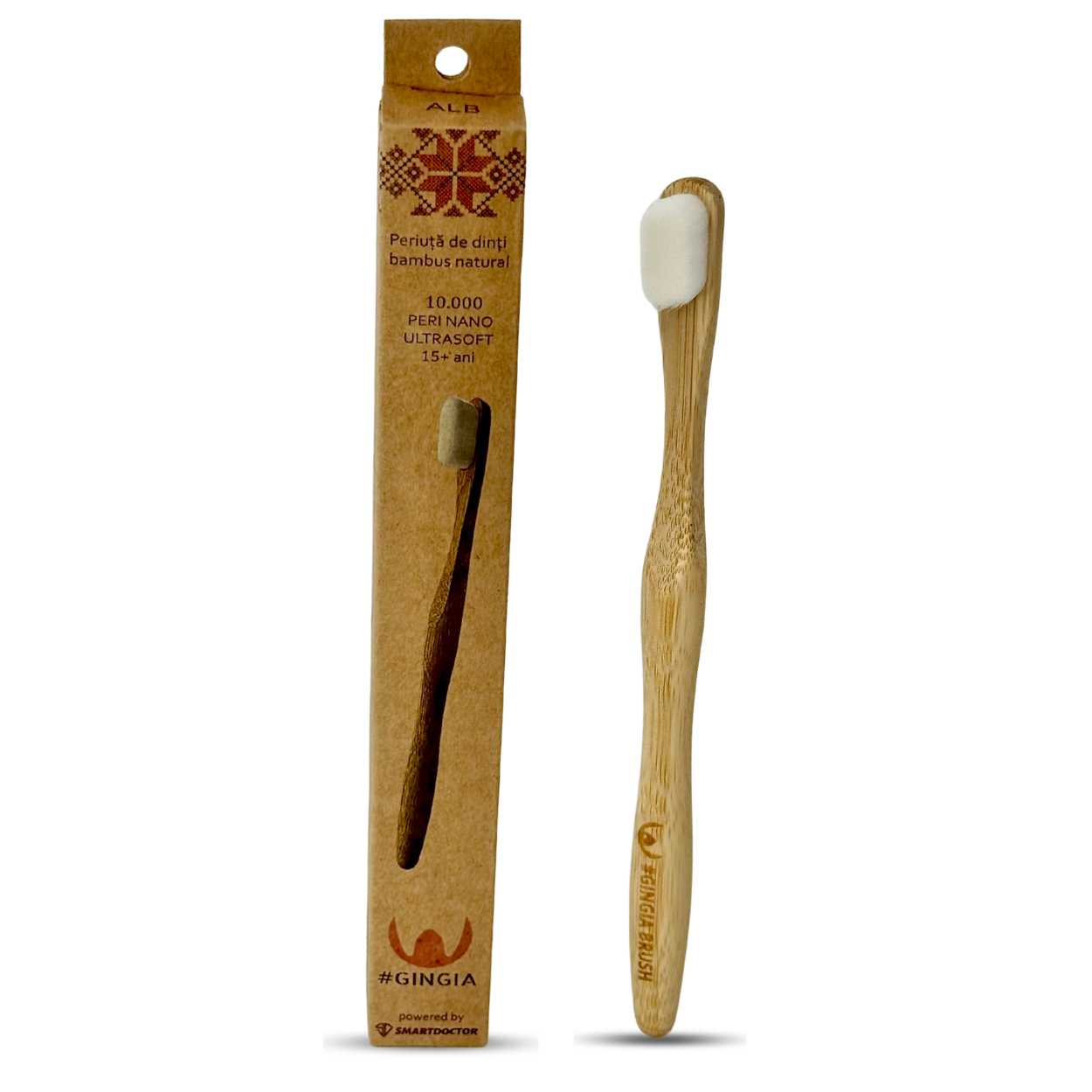 Periuta de dinti din bambus natural Peri Nano, Ultrasoft 10000, Alb, 15 ani+, 1 bucata, Gingia