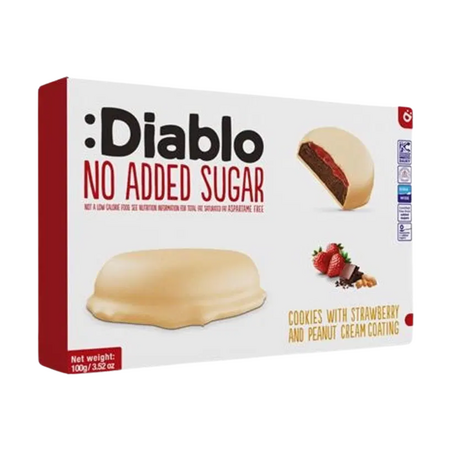 Eticheta Produs Biscuiti cu umplutura de capsune si unt de arahide, 100 g, Diablo