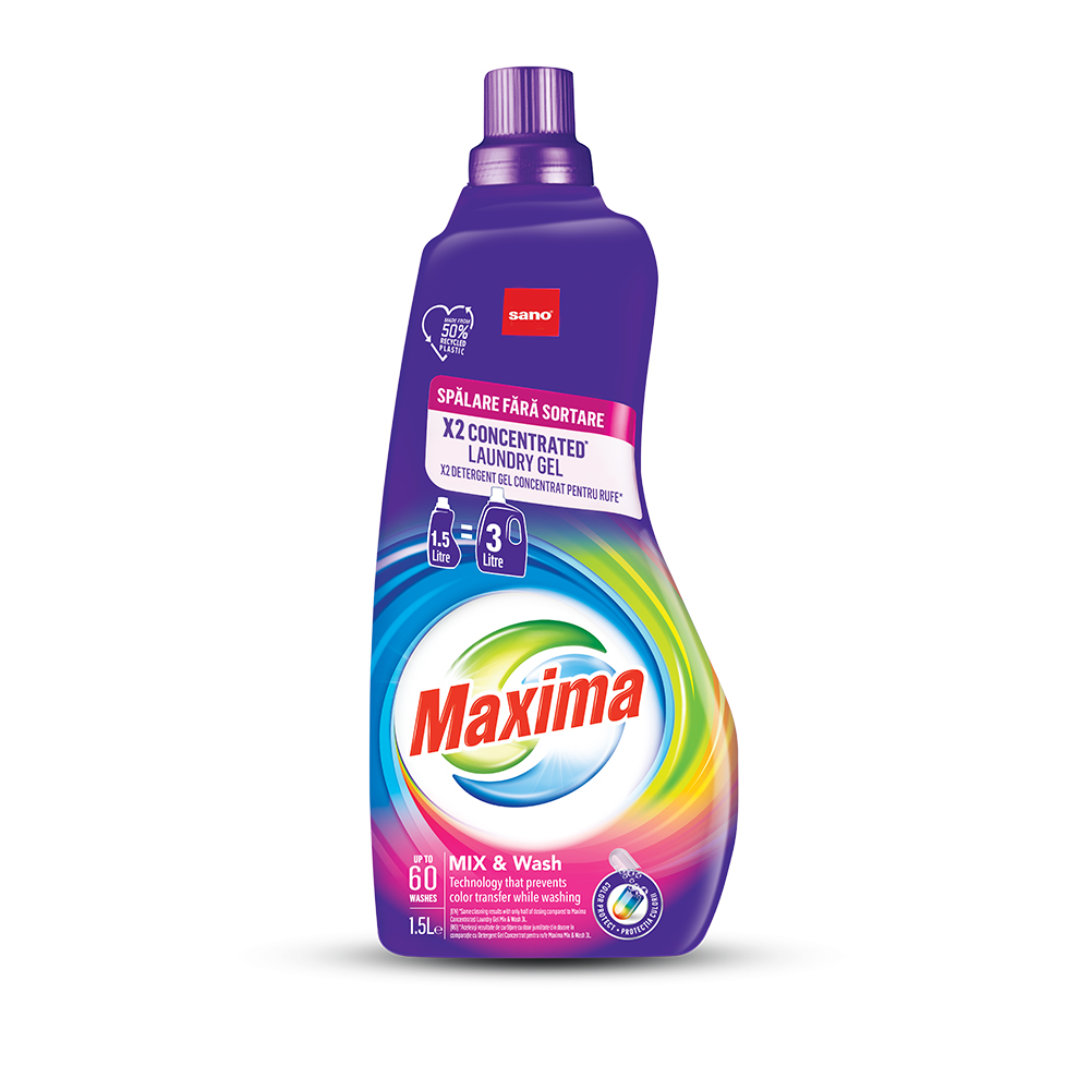 Detergent gel concentrat pentru rufe Maxima, 1.5 litri, Mix&Wash, Sano