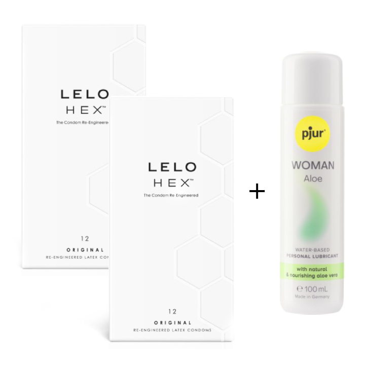 Pachet Prezervative + Lubrifiant pe baza de apa  Pjur Woman Aloe, 2 x12 bucati + 100 ml, Lelo Hex