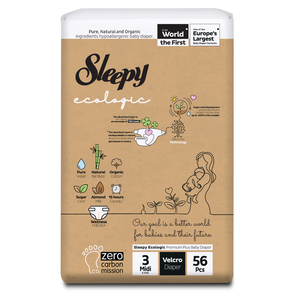 Scutece copii Ecologic, Nr. 3 Midi, 4-9 kg, 56 bucati, Sleepy