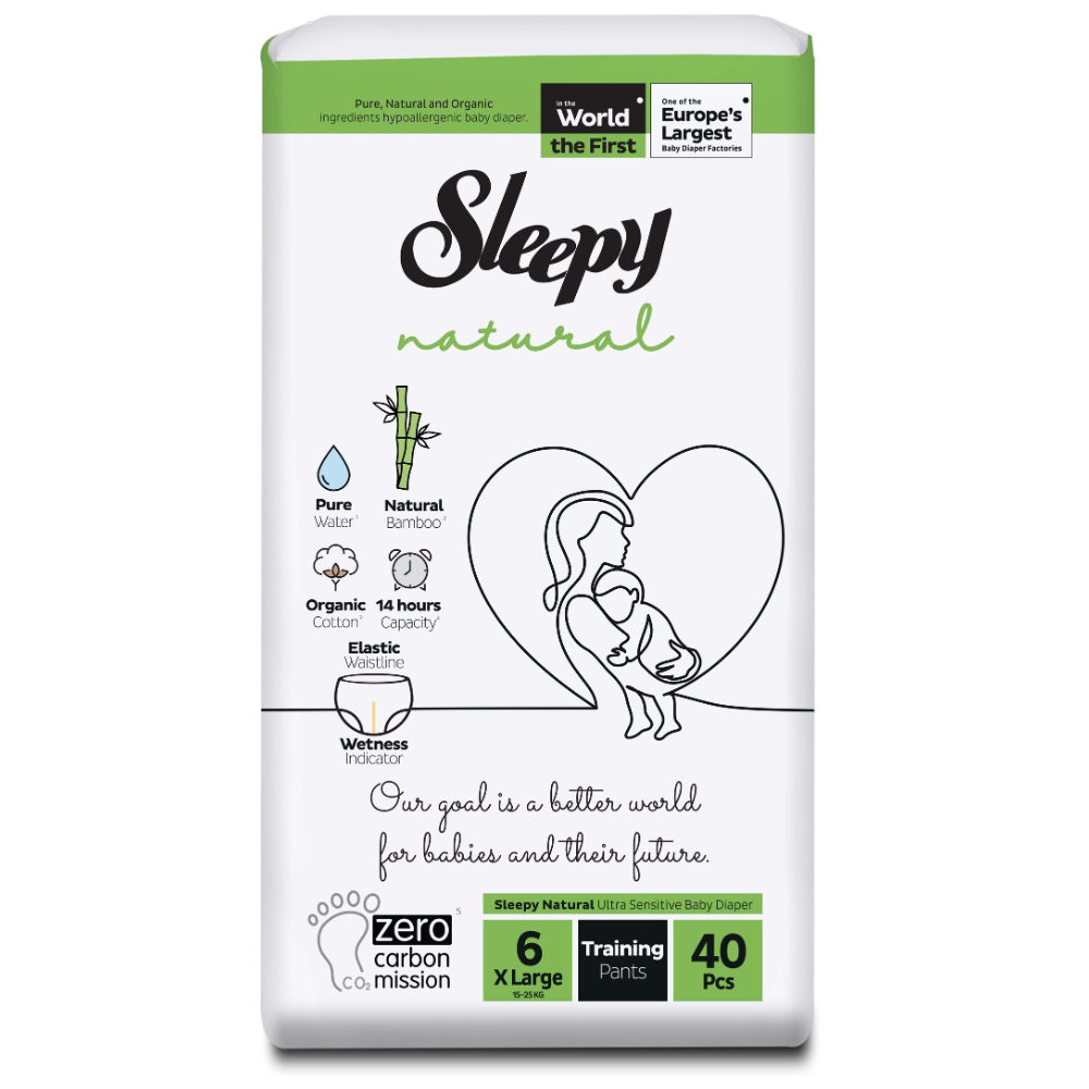 Scutece chilotel pentru bebelusi Double Natural, Nr 6 X Large, 15-25 kg, 40 bucati, Sleepy