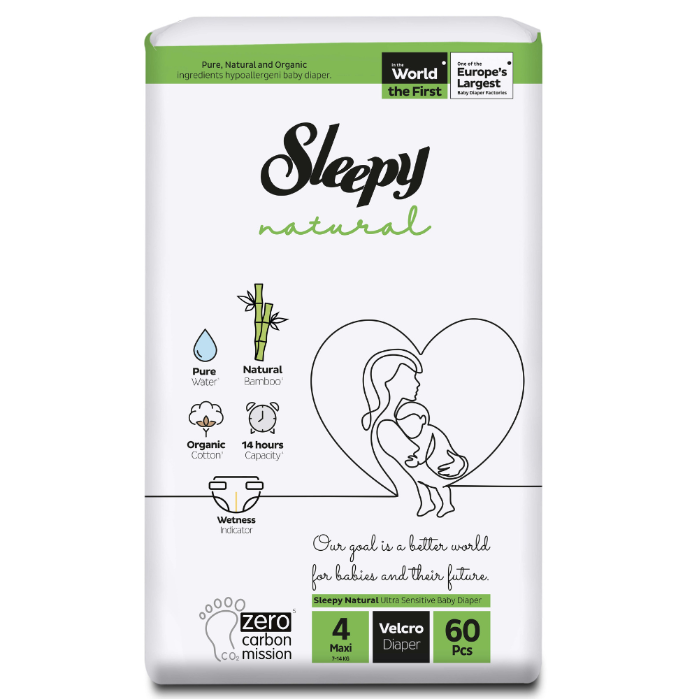 Scutece pentru bebelusi Natural, Nr 4 Maxi, 7-14 kg, 60 bucati, Sleepy