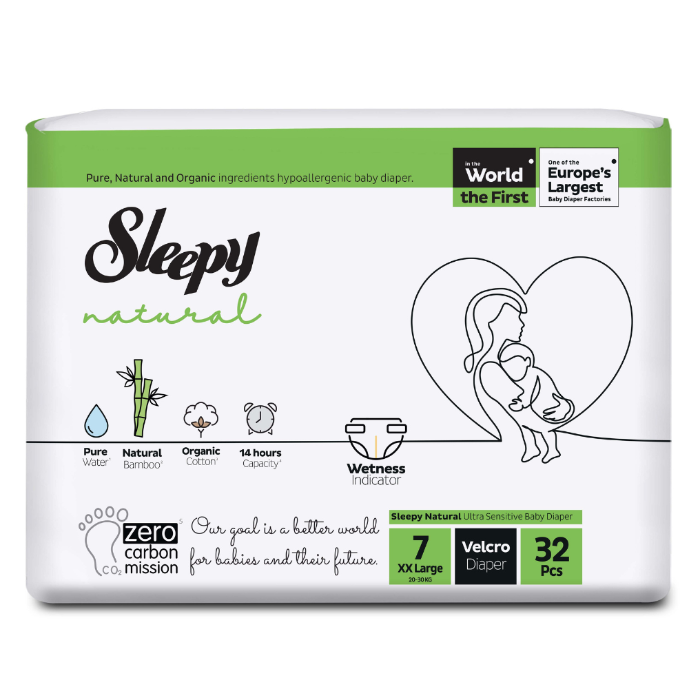 Scutece pentru bebelusi Natural, Nr 7 XX Large, 20-30 kg, 32 bucati, Sleepy